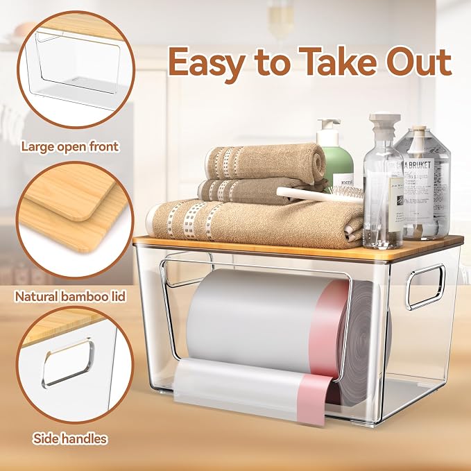 spospo 2 Pack Trash Bag Holder with Bamboo Lid Stackable Trashbag Dispenser | Extra Large Garbage Bag Holder for Kitchen Laundry Room Under Sink Organization and Storage