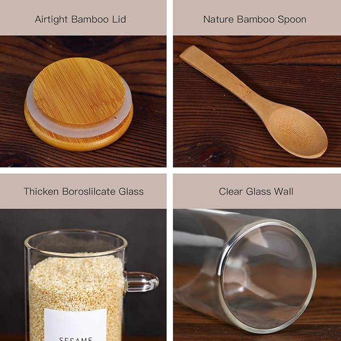 8 Pcs Glass Containers with Bamboo Lids and Spoons - 10 oz Sugar Container with 148 Kitchen Pantry Spice Jar Labels Preprinted - Glass Spice Jars with Wooden Lids Hold Coffee, Tea, Candy, Herbs