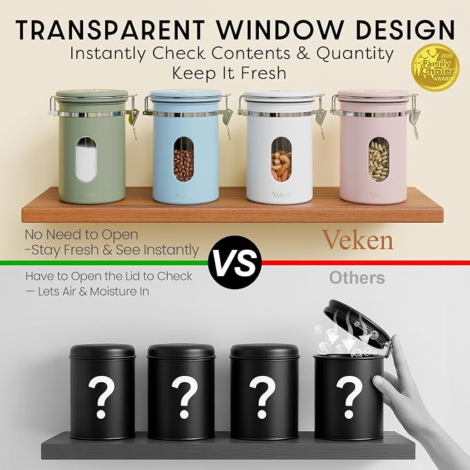 Veken Coffee Canister with Window, Airtight Stainless Steel Container, 22OZ | Date Tracker,Kitchen Food Storage Organizers for Beans, Ground, Espresso, Rice,Tea, Sugar,Cereal, Gifts,Lids,Jars,Scoop, Pink