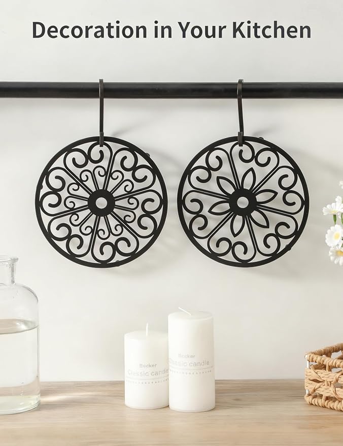 2 Pack Decorative Round Flower Trivets - 7 Inch Iron Pot Pads, Black Elegant Kitchen and Dining Table Protector, Teapot Stands Holders, Metal Plant Holder for Desktop Potted Plant、Small Green Plants