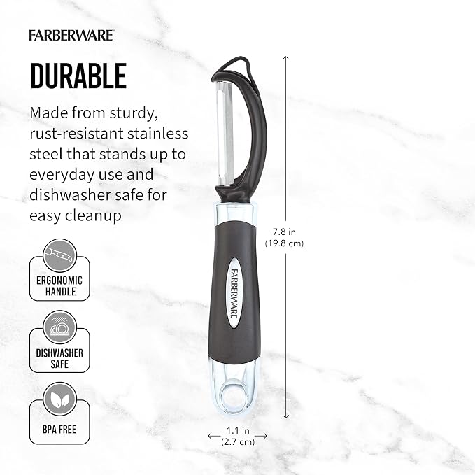 Farberware Pro2 Euro Vegetable Peeler with Swivel Blade and Built-In Bud Remover, Razor-Sharp Rust-Resistant Stainless Steel, Ergonomic Handle, Dishwasher Safe