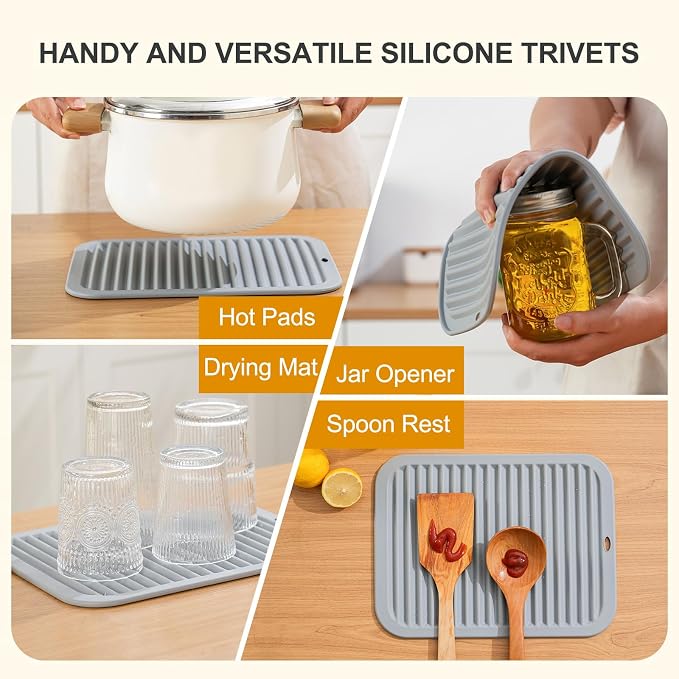 9"x12" Heat Resistant Silicone Trivets for Hot Pots and Pans, Hot Dishes | 2 PCS Large Multipurpose Non Slip Pot Holders Hot Pads Mat for Kitchen Countertop Table, Food Grade & BPA Free, Grey