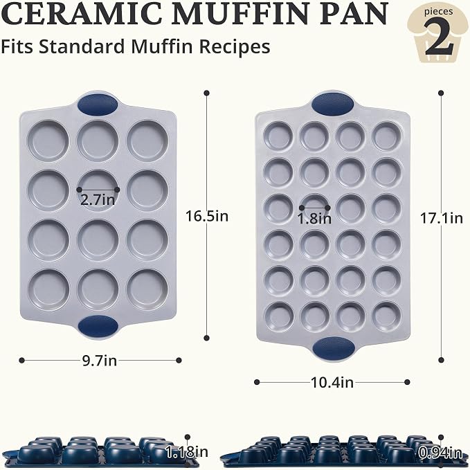 BRONYPRO 2-Pack 12 Cup and Mini 24 Cup Non Toxic Nonstick Ceramic Muffin Pan & Cupcake Tin, PFOA & PTFE Free, Heavy Duty Rust-Resistant Aluminized Steel, Oven Safe, Blue