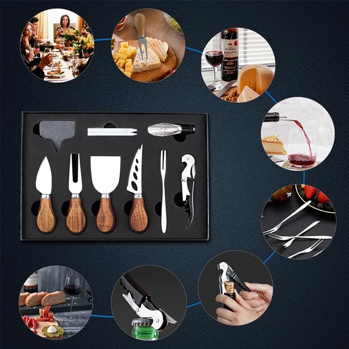 Cheese Knife Set 14 Piece, Stainless Steel Cheese Knives, Charcuterie Boards Accessories, Butter Spreader Knife, Charcuterie Utensils with Wine Accessories and Gift Box
