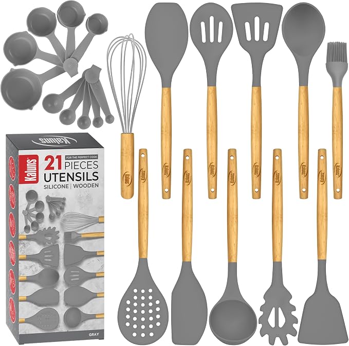 Kitchen Utensils Set, 21 Wood and Silicone Cooking Utensil Set, Non-Stick and Heat Resistant Kitchen Utensil Set, Kitchen Tools