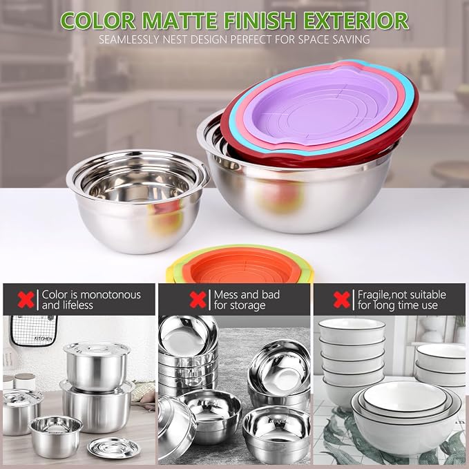 Leidawn Mixing Bowls with Lids Set, 25 PCS Colorful Mixing Bowl for Kitchen | Stainless Steel Nesting Bowls for Baking, Mixing, Serving & Prepping, Size 5, 3.7, 2.8, 2.3, 1.7, 1.1, 0.7QT, 11 Utensils