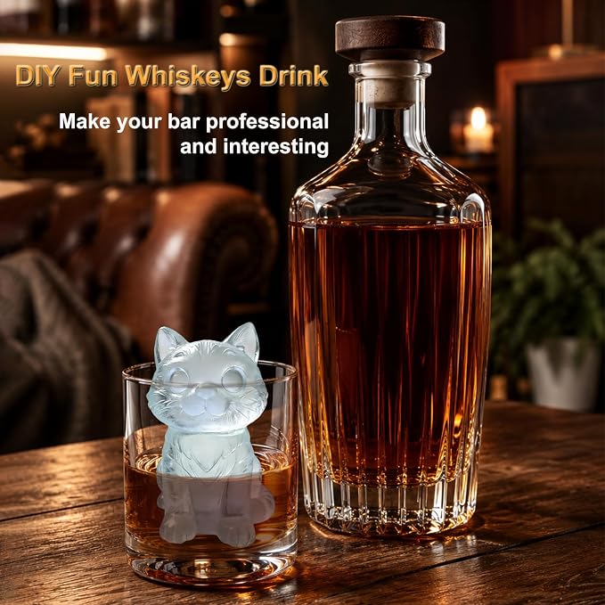 3D Cat Ice Cube Silicone Molds Tray for Whiskey, Cocktail, Drink, Bar; Rich Details. Fun Animal Mold for DIY Craft Taba Squishy Chocolate Soap Candle Resin Gift for Women Girls Boys; 2 Pack