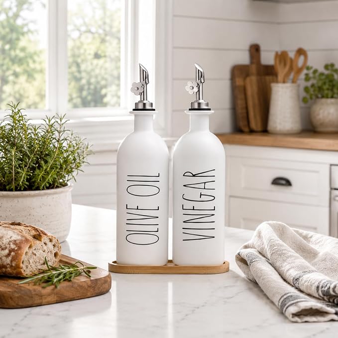 HOMCDALY 16oz Olive Oil Dispenser Bottles for Kitchen, White Oil and Vinegar Dispenser Set, Two Olive Oil Bottles with Bamboo Tray | Set of 2 (16oz-P-White)