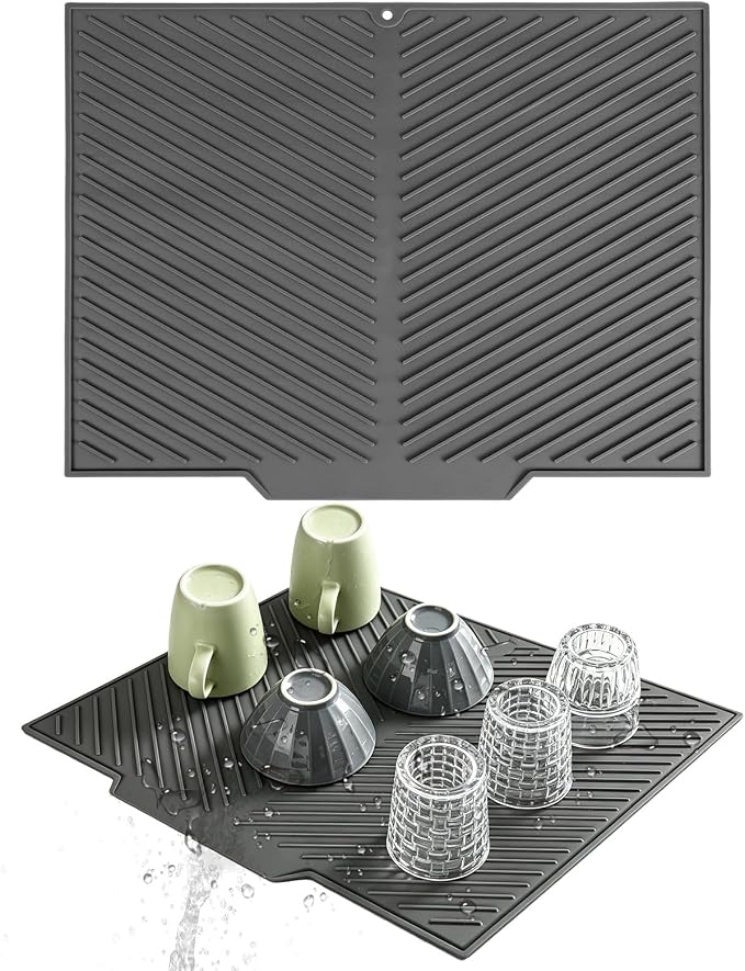 Silicone Dish Drying Mat with Drain Lip 17” x 13”, Heat-Resistant Sloped Sink Draining Tray for Kitchen Worktops, Draining Mat, Rack Mat, Multi-Purpose Hot Pads