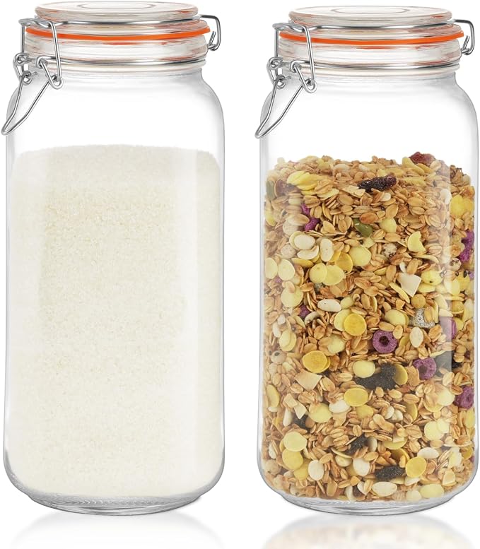 Glass Storage Jars with Airtight Lids - 2 Pack 67 Oz Food Containers Large Wide Mouth Kitchen Pantry Canisters Mason Jar for Flour Sugar Coffee Cookies Cereal Rice