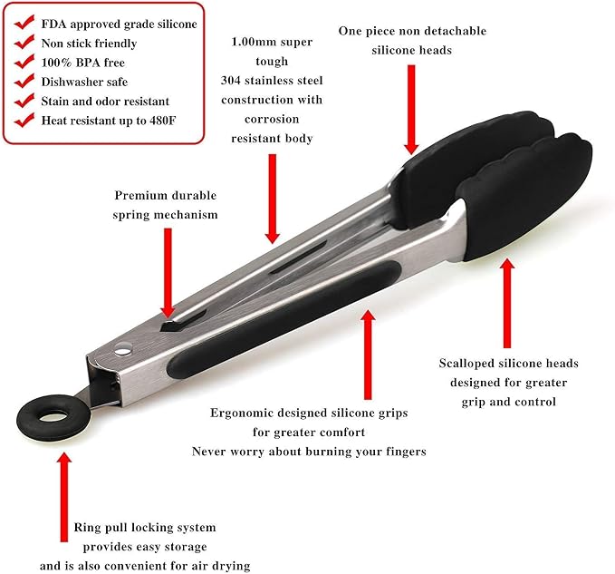 Non-Stick Kitchen Tongs for Cooking - Set of 3: 7, 9, 12-Inch Cooking Tongs w/Rubber/Silicone Tips | Stainless Steel Tong, Metal | Salad Tongs, Pasta, Food Serving, Grill Tongs, Bbq