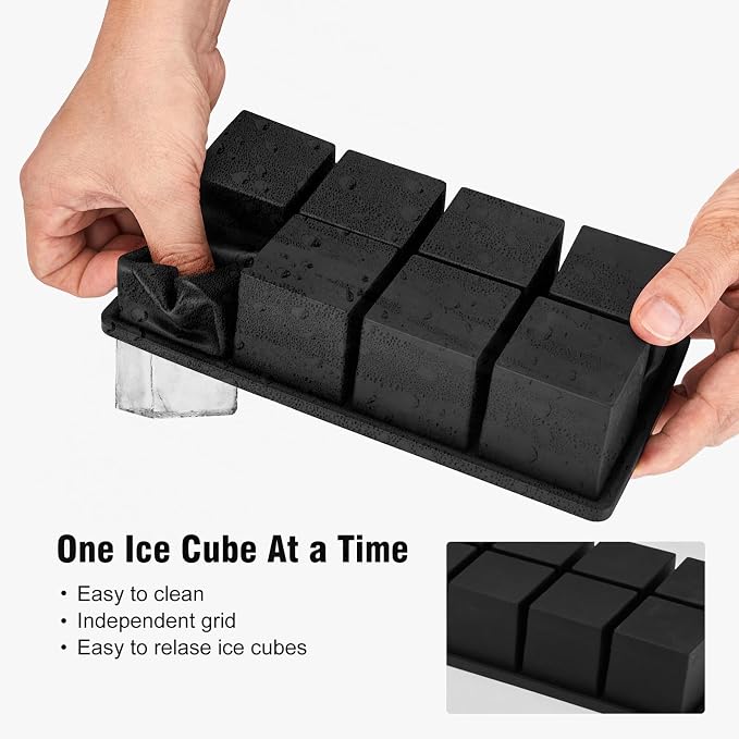 Samuelworld Large Ice Cube Tray: 2024 Upgraded Silicone Square Ice Cube Mold For Whiskey, New Upgraded 2 Inch Large Cubed Ice Trays for Cocktail, Big Cube Ice Maker Mold (2 Pack, Black)