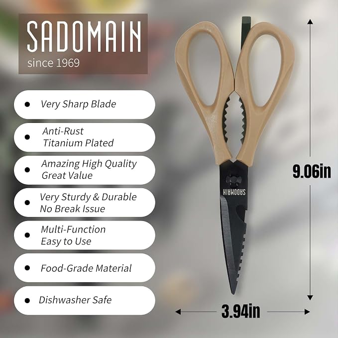 Kitchen Scissors All Purpose, Extra Sharp Kitchen Shears with Knife Sharpener & Sheath, Solid & Durable Stainless Steel Scissors with ANTI-RUST Black Titanium Plated, Dishwasher Safe - Brown