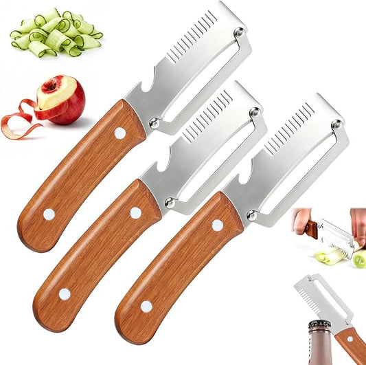 3-in-1 Multi-Function Kitchen Vegetable Peeler with Wooden Handle and Bottle Opener, Ideal for Peeling Fruits and Vegetables, Stainless Steel Blade Kitchen Tool (3 PCS)