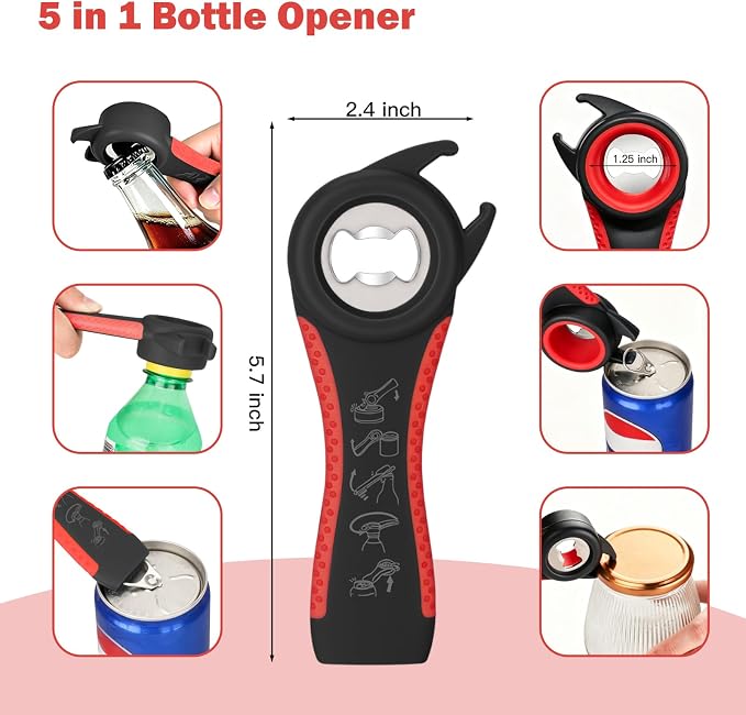 Jar Opener Set for Seniors, Arthritis, Weak Hands (Red&Black) | 6-in-1 Adjustable Jar Opener Can Opener, 4-in-1 Bottle Opener Lid Opener & Rubber Jar Gripper, Multifunctional Kitchen Gadget