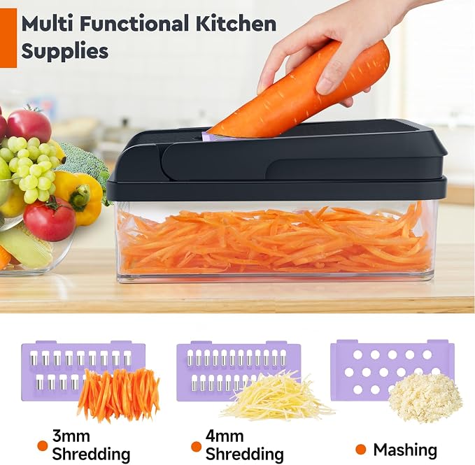 MealHelper 15-in-1 Vegetable Chopper, 10 Blade Veggie Chopper, Practical Food Chopper with Container, Cheese Grater, Home Essentials & Kitchen Gadgets(Purple)