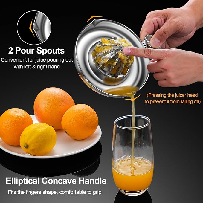 Lemon Squeezer Stainless Steel, Heavy Duty Manual Hand Juicer, Premium Citrus Reamer Juicer Rotation, Lime Orange Fruit Squeezer, 200ML Container 2 Pour Spouts, Dishwasher Safe（5-Year Warranty）