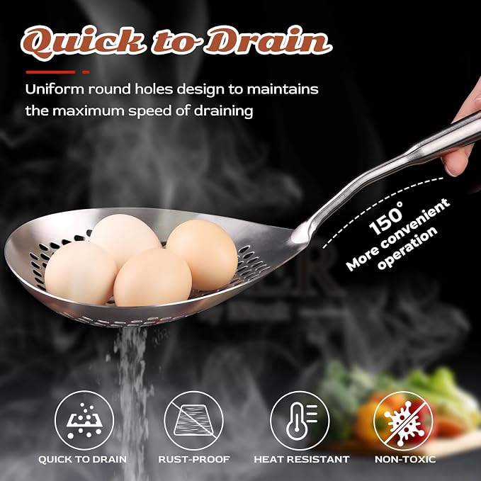 MARTE Skimmer Slotted Spoon -17in 304 Stainless Steel Pasta Spider Strainer Skimmer Ladle Spoon for Cooking and Frying - Kitchen Large Metal Scoop Colander Strainer Spoon with Heat Resistant Handle