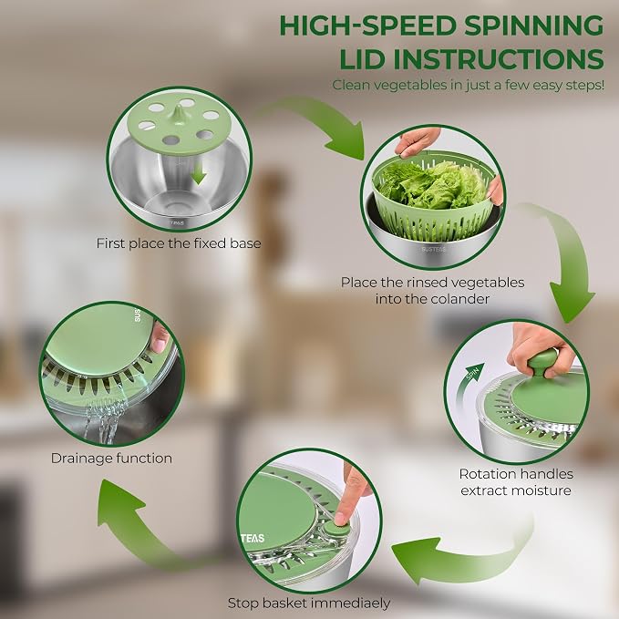 SUSTEAS Stainless Steel Salad Spinner Large, Vegetables Wash Bowl, Fruits & Herb Lettuce Dryer with 5 Blade Slicer Egg Yolk Strainer Shredder for Efficient Salad Preparation and Food Washing, 4.25Qt