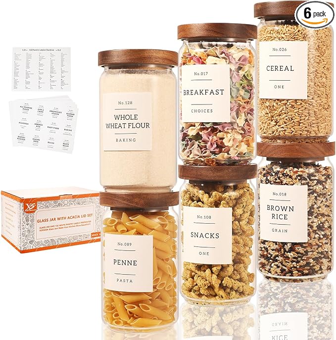 6 Pack Glass Canisters with Airtight Acacia Lids and 132 Kitchen Pantey Labels Preprint - 24 Fl Oz Borosilicate Glass Pantry Storage Jars Containers with Wooden Lids for Tea,Sugar,Cookie,Coffee,Candy