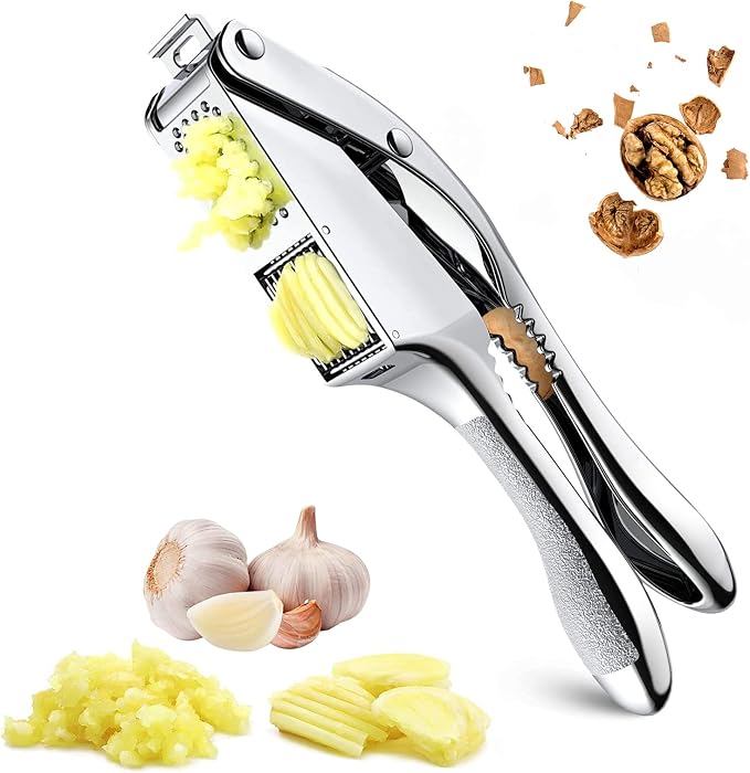 2-in-1 Garlic Cutter Stainless Steel Garlic Press with Ergonomic Non-Slip Handle for Fresh Garlic Ginger Nut Easy to Use & Clean