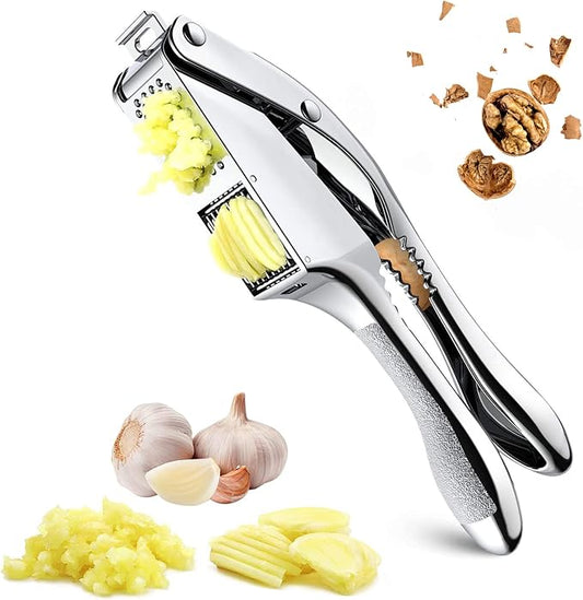 2-in-1 Garlic Cutter Stainless Steel Garlic Press with Ergonomic Non-Slip Handle for Fresh Garlic Ginger Nut Easy to Use & Clean