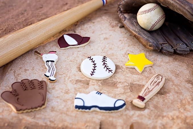 R&M International Baseball Cookie Cutters, Bat, Hat, Ball, Player, Glove, Star, Sneaker, 7-Piece Set,Silver