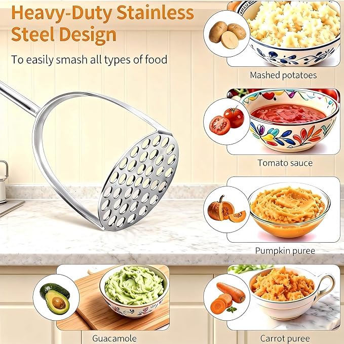 Potato Masher Stainless Steel, 14 Inch Potato Smasher - Kitchen Essential for Mashed Potatoes, Pumpkin, Carrots, Avocado & Fruits, Heavy Duty Metal Mashing Utensil (Wooden handle Masher)
