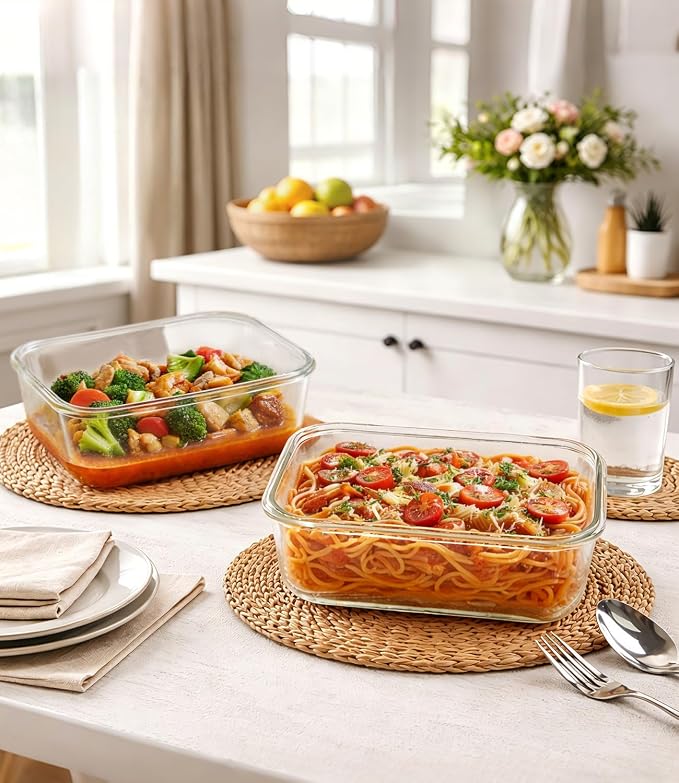 Large Glass Food Storage Containers with Lids, 2 Pack, 8 Cups/ 63oz | Meal Prep Food Container Set for Family Meal, Leftovers, Baking, Leak-Proof, Microwave, Oven, Freezer & Dishwasher Safe