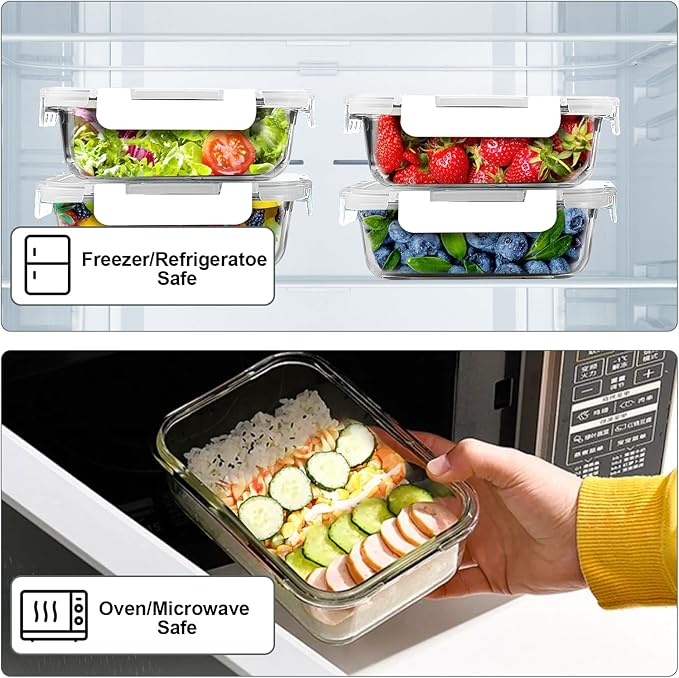VERONES 10 PACK 22 OZ Glass Meal Prep Containers Set with Lids, White | Airtight Glass Lunch Containers Set, Glass Food Storage Containers, for Microwave, Oven, Freezer & Dishwasher Friendly