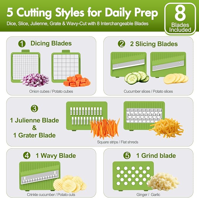 Ourokhome Vegetable Chopper with Container, 8-Blade Onion Chopper & Mandolin Slicer, 2-Lid Food Dicer with Safety Lock, Veggie Shredder Grater for Kitchen Meal Prep, Kitchen Gadgets (8 in 1, Gray)