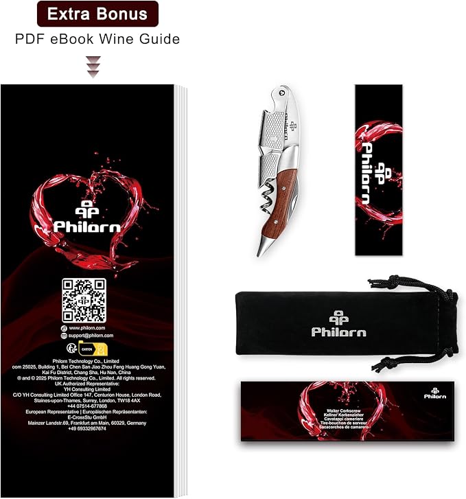 Philorn Wine Opener-Professional Corkscrew Wine Opener with Foil Cutter & Cap Remover, Manual Wine Key for Servers, Bartenders, Waiters & Home Use, Rosewood Handle Wine Bottle Opener