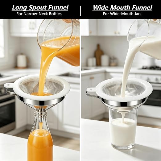 Stainless Steel 2 Pack Funnel Set Long Spout Funnel for Narrow Neck Bottles (Oil, Sauce) Wide Mouth Funnel for Mason Jars, Canning with 200μm Fine Mesh Strainer & Removable Filters (Small Set)