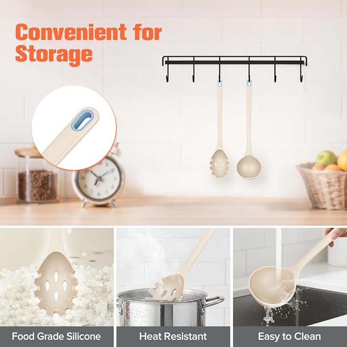 Silicone Spaghetti Spoon&Soup Ladle Cooking Utensils Set of 2,No Scratch for Nonstick Cookware,BPA Free, 450℉ Heat Resistant (KHAKI)