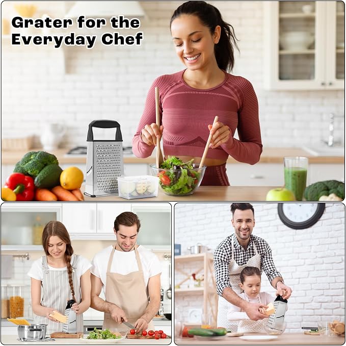 Professional Box Cheese Grater with Container & Handle – Durable Stainless Steel Cheese Shredder for Kitchen, Multi-Sided Food Chopper for Kitchen Use – Black