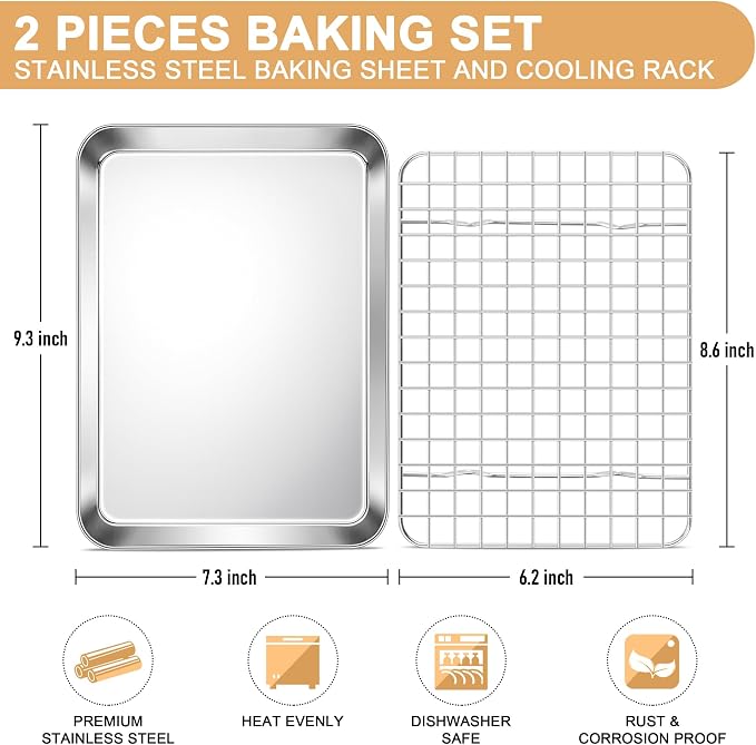 E-far Baking Sheet with Wire Rack Set, 9.5" x 7.3" (1 Pan +1 Cooling Rack) | Stainless Steel Sheet Pan with Rack Set for Toaster Oven, Mini Metal Tray for Cooking Roasting, Non-Toxic, Dishwasher Safe