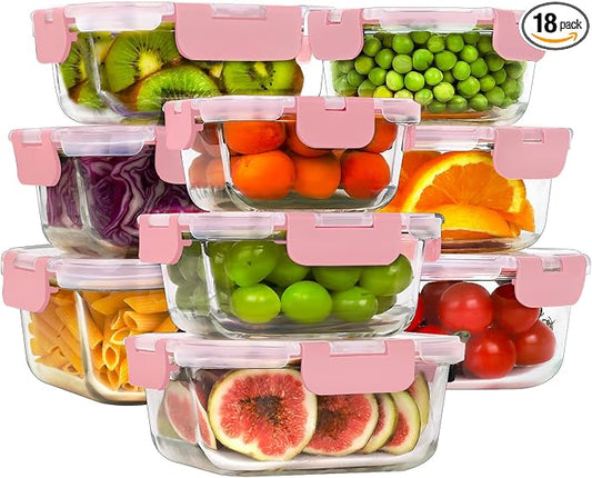 HOMBERKING Glass Food Storage Containers with Lids, [18 Piece] Glass Meal Prep Containers, Airtight Lunch Bento Boxes, BPA-Free & Leak Proof (9 lids & 9 Containers) - Pink