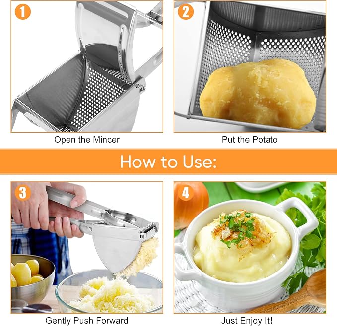 Potato Ricer, Stainless Steel Potato Ricer and Masher Commercial Potato Fruit Meat Press Chopper Mincer Masher Crusher Helper with Ergonomic Comfort Grip for Home Kitchen, 11.02 x 3.15 x 4.13inch