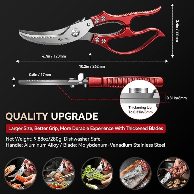 Professional Heavy Duty Poultry Shears - Kitchen Shears for Spatchcocking Chicken and Meat Cutting, Multi-Purpose Kitchen Scissors for Food, Spring-loaded (Red)