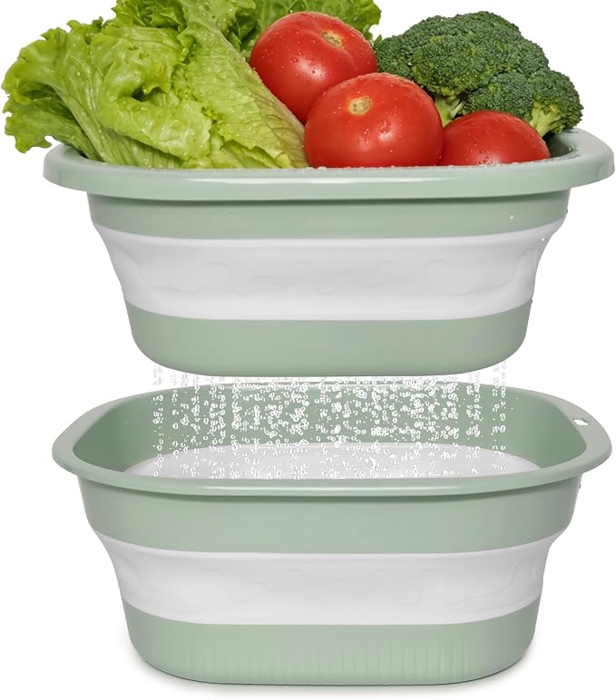 3 Sets 2 in 1 Collapsible Colander and Sink Basin - Collapsible Strainer with Collapsible Wash Basin for Kitchen, RV Camping, Foldable Fruit Vegetable Washing Basket, 2QT 4QT 8QT, Blue
