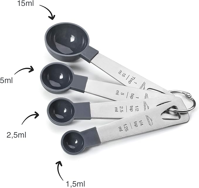 LACOR - 67037 – Set of 4 Measuring Spoons, Liquid and Food Meter, Pastry, Stainless Steel and Polypropylene, Stackable, Measures in ml, Tsp, Tbsp, BPA Free, Dishwasher Safe, Grey