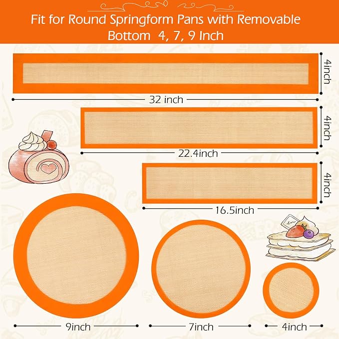 Honeydak 3 Set Silicone Baking Mat for 4, 7, 9 Inch Springform Pan Protector Nonstick Reusable Cake Pan Liners for Cheesecake Baking Prevent Sticking to Bottom & Side, Easy Release & Clean(Orange)