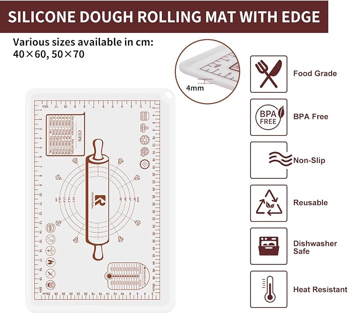Silicone Baking Mat 16"L x 24"W, Extra Thick Dough Rolling Pad with Measurements and Edge Heightening, Non-stick Food Grade Silicone Pastry Mat for Pastry, Bread, Cookies (Transparent)