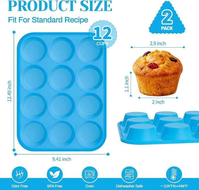 2Pack Silicone Muffin Pans with Metal Reinforced Frame,12 Cup Regular Size Silicone Cupcake Pan,Muffin Tin,Nonstick Cupcake Baking Molds for Muffins,Cupcakes,Egg Bites,BPA Free (2Pack Blue)