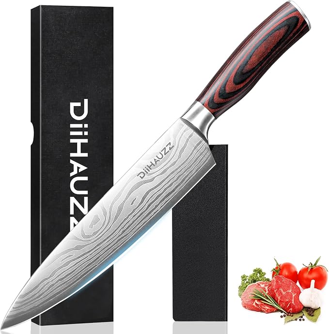 DiiHAUZZ 8 Inch Chef Knife, High Carbon Stainless Steel - Ultra Sharp Kitchen Gyutou Knife for Slicing Meat, Dicing Vegetables and Daily Meal Prep, Ergonomic Handle with Sheath, Gift Box