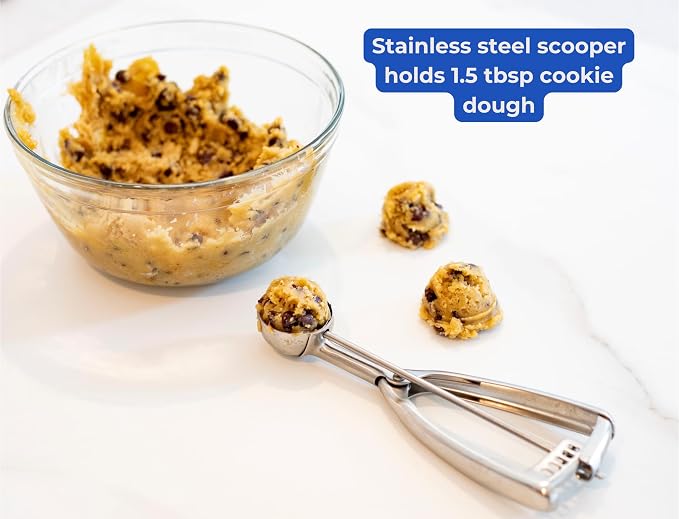 Jenaluca Medium Cookie Scoop, 18/8 Stainless Steel, 1.5 Tbsp, Size #50 | Disher for 2.5-inch cookies & mini cupcake batter. Squeeze release handle. Right and left handed use. Dishwasher safe.