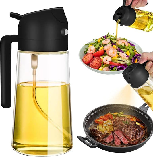 Oil Dispenser for Kitchen, 2 in 1 oil Dispenser and Oil Sprayer, 470ml Oil Sprayer for Cooking, Food Grade Oil Mist Spray Bottle (Black)