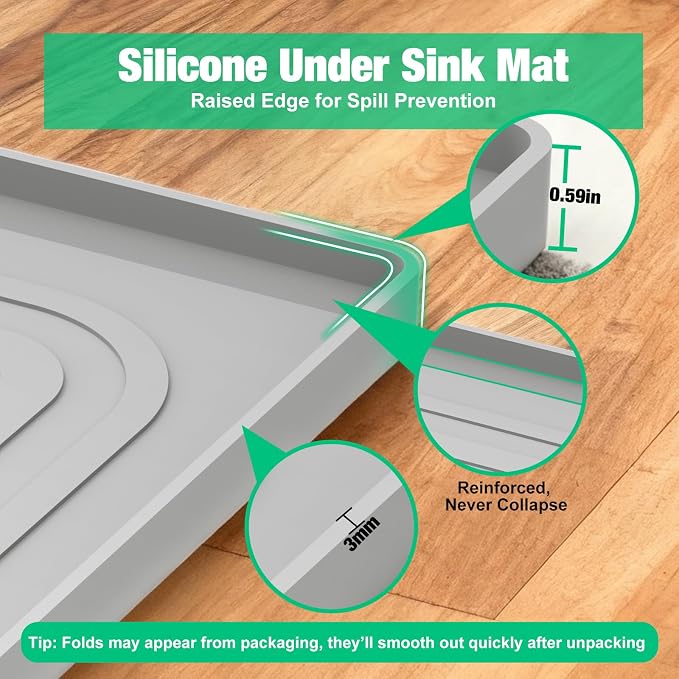 Under Sink Mat 22" X 19", Waterproof Silicone Cabinet Kitchen Liner, Gray | BPA-Free Raised-Edge Cabinet Protector & Leak Tray for Bathroom Cabinets, Boots, Pet Feeding Dog & Cat Mats, Dishwasher Safe