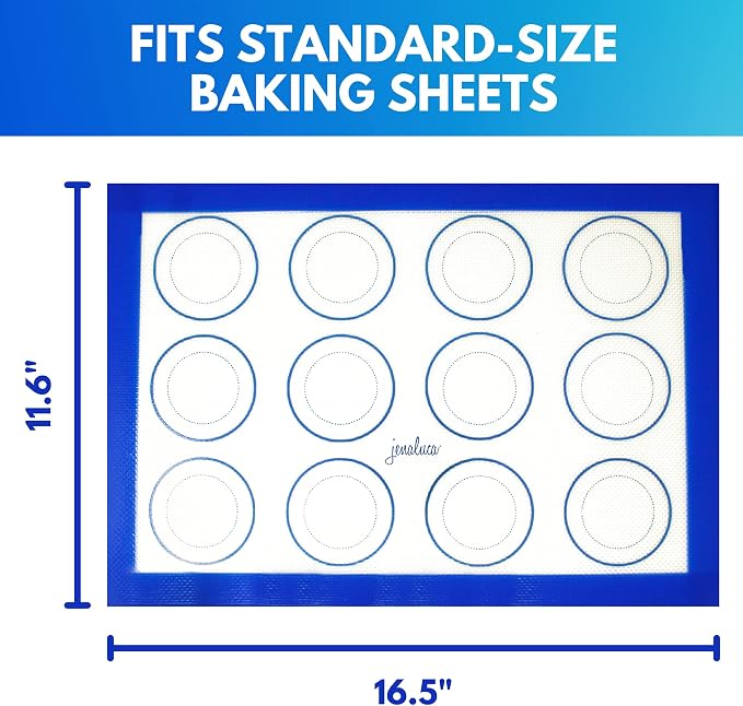 Jenaluca Silicone Baking Mats 2 Pack, Non-Stick, 16.5 x 11.6 inches | Food grade silicone pan liner with cookie measurements. Reusable for cookies, pastries & meal prep. Non-slip design.