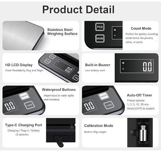 Waterproof Digital Kitchen Scale 0.001oz/0.1g Precision, Stainless Steel Electronic Scale with 3 Power Options (Rechargeable/AAA/Built-in), 10 Units Conversion, Smart Standby, 22lb/10kg Capacity